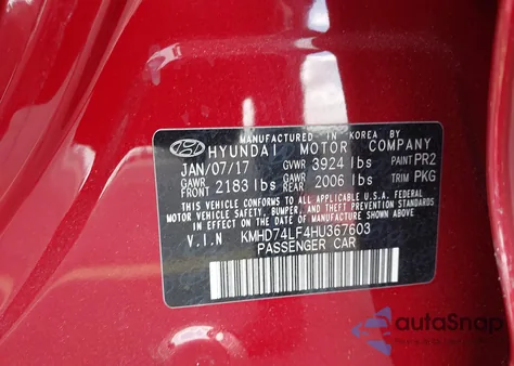 2017 Hyundai Elantra Se from USA, damaged, VIN KMHD74LF4HU367603